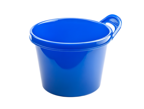 A bright blue plastic measuring cup with a handle isolated on transparent background