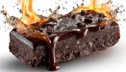 A rich, dark chocolate brownie bar, dripping with chocolate sauce, erupting in a fiery splash