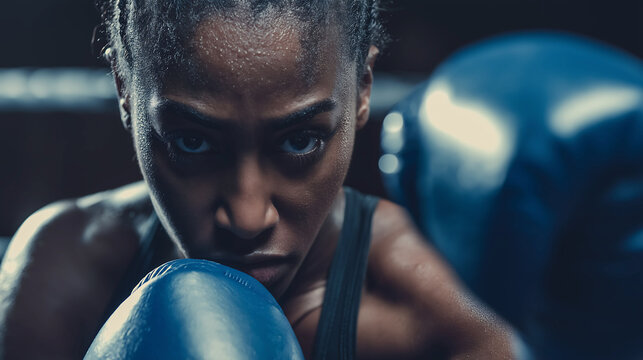 Serious African woman boxer doing a punch in boxing ring at gym. Sweaty fighter in blue gloves practicing for strength training and combat sport
