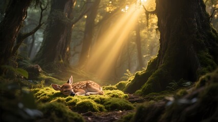 A serene forest scene with a young deer resting on moss under dappled sunlight.
