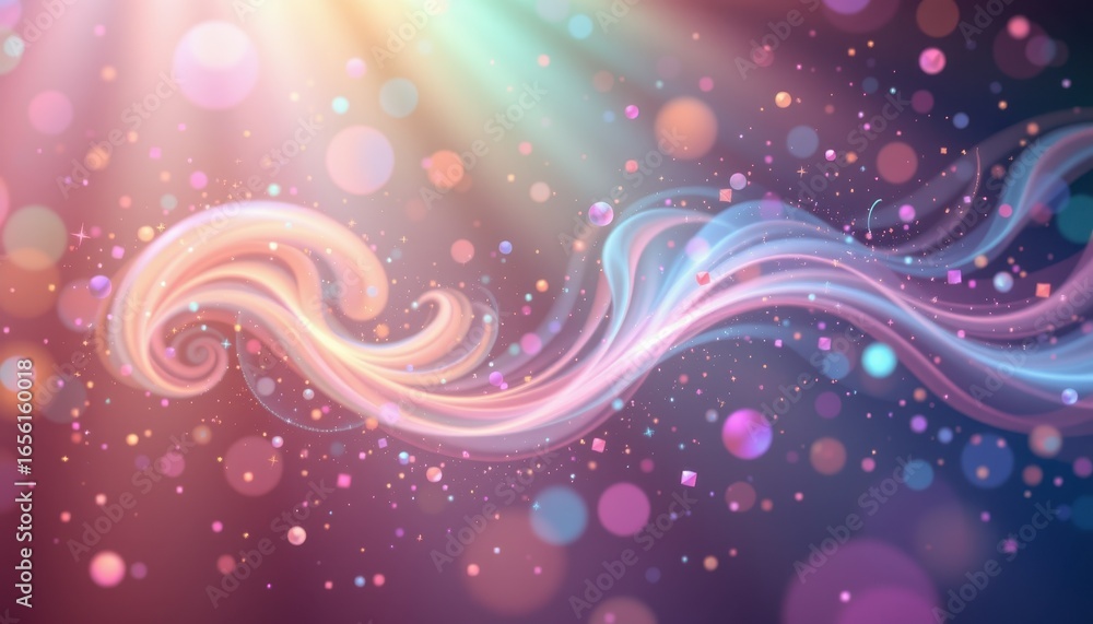 Poster swirling abstract light waves with bokeh and particles against a dark background