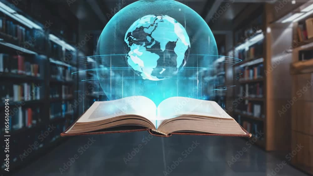 Poster open book with holographic projection of planet earth globe floating above it in a library, suggesti