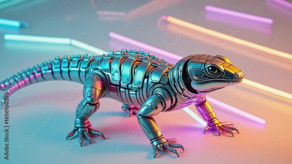 Aufkleber futuristic metallic robot lizard is standing on a white surface with colorful neon lights glowing in