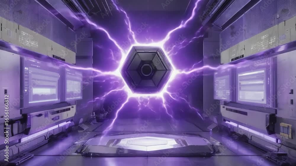 Poster purple electricity sparking from a hexagonal device in a futuristic laboratory, illuminating compute