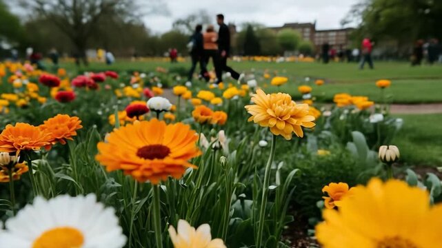 Colorful flowers blooming in the yard during spring season