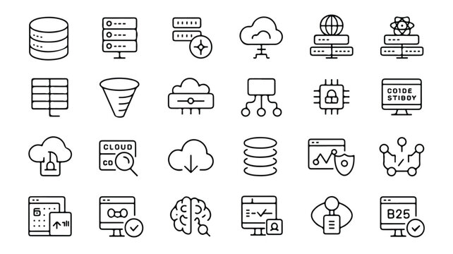 Collection of data and server related outline vector icons showcasing technology and computing infrastructure elements for web design and applications