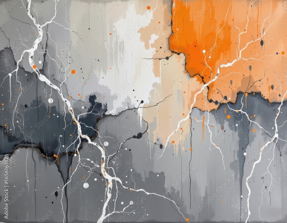 Poster abstract painting featuring white branching lines and splashes of orange and grey on textured backgr