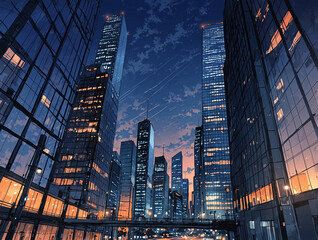 Obraz premium A low-angle anime shot of towering skyscrapers, their sharp edges reaching the sky. Foreground streetlamps frame the scene, midground glass buildings reflect soft twilight hues, and