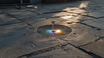 puddle forming under dripping garden spigot on concrete rainbow light refraction in droplet close focus illustration concept scene visual for commercial design use high detail quality stock image illu