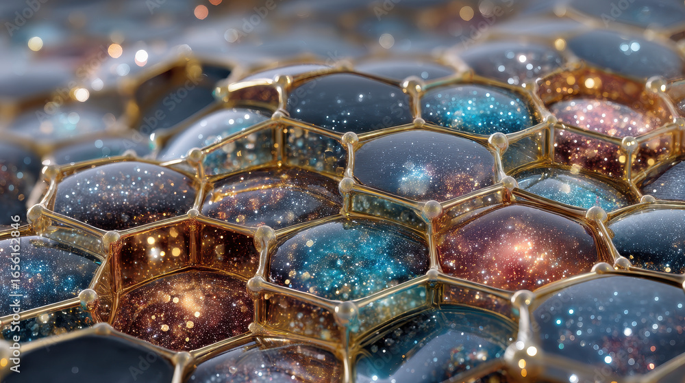 Poster futuristic material surface showcases quasicrystalline textures with glowing holographic design repr