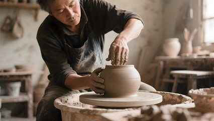 A potter shapes clay on a pottery wheel in a rustic workshop