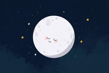Cute cartoon moon with sleepy face, starry night sky