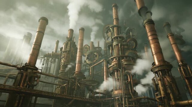 Large gears and intricate copper pipes dominating a steampunk-inspired industrial complex, releasing plumes of smoke and steam into a hazy, atmospheric backdrop filled with vintage machinery