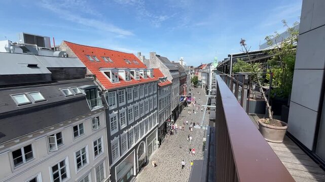 Roof view of famous shopping area in Copenhagen full of tourists