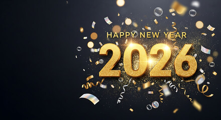 Happy New Year 2026 Golden Glittering Celebration with Confetti and Sparkles