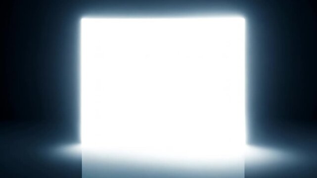 White glowing rectangular light frame against black background, futuristic luminous border with simple modern abstract style