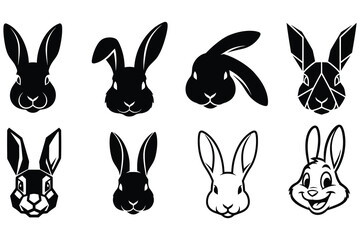Collection of diverse rabbit head silhouettes in various artistic styles, from sleek geometric to playful cartoon designs.