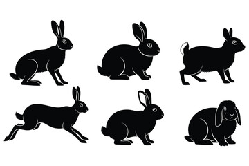 Obraz premium Collection of black rabbit silhouettes in various natural poses including sitting, standing, and running on a white background.