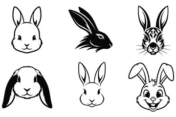 Compilation of black and white rabbit head art, from playful cartoon expressions to fierce tribal stylized designs.