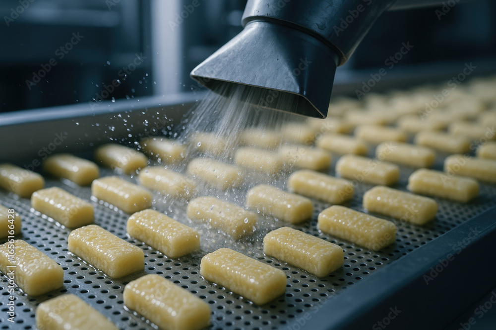 Poster food processing industry involves automated production lines where dough pieces are sprayed with wat