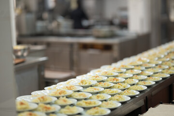 Line of cabbage salad plates prepared in professional kitchen for catering or restaurant service