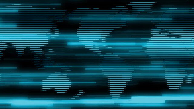 "Glitch neon world map animation with futuristic glowing lines, cyber background for data visualization, technology network, communication, and digital innovation."