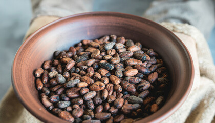 Fototapeta premium Cacao Nibs in Terracotta Bowl