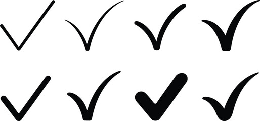 Obraz premium Set of Eight Distinctive Black Check Mark Icons on a Clean White Backdrop