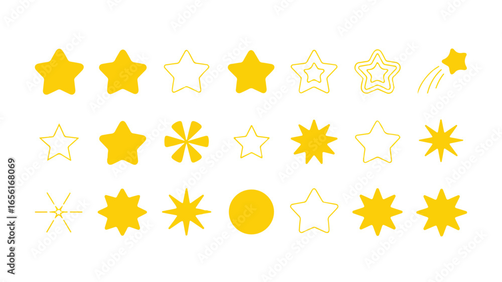 Poster collection of yellow star shapes in various styles on white background for design projects and illus