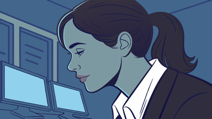 Woman Working on Computer in a Dark Room.