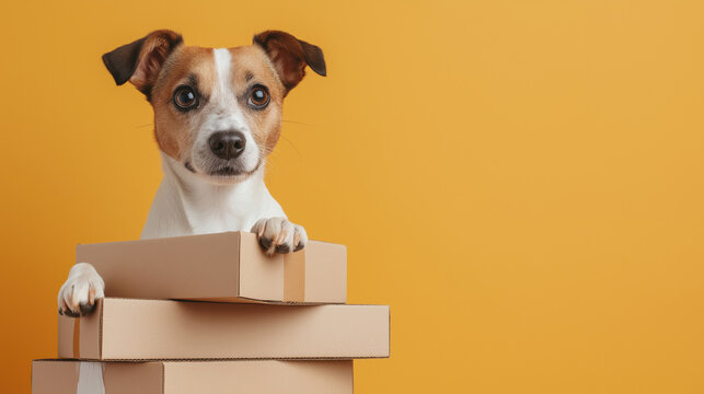 Jack russell terrier dog with cardboard boxes on orange background