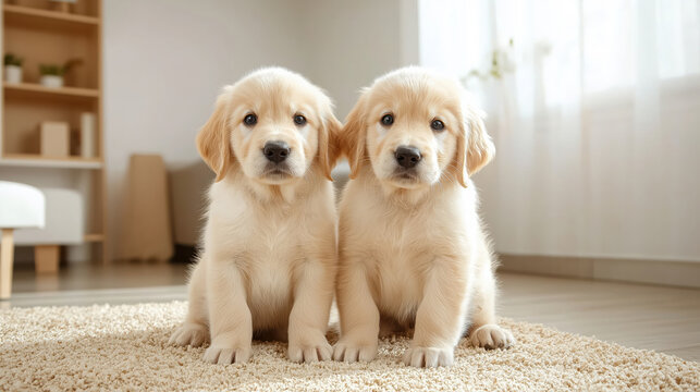 Adorable golden retriever puppies sitting on carpet in sunlit living room