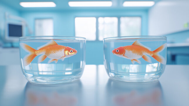 Two goldfish in clear bowls on a bright blue background in laboratory setting