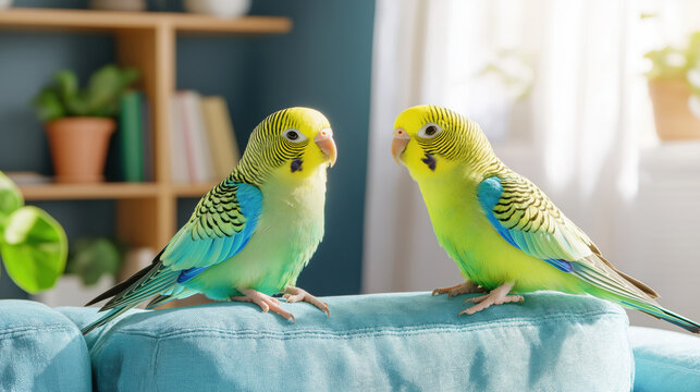 Two colorful parakeets perched inside home with green and blue feathers