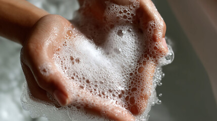 Hands in heart shape washing in the bathtub, Hands creating heart shape with soap bubbles in relaxing bath. Cleanliness and love signs concept
