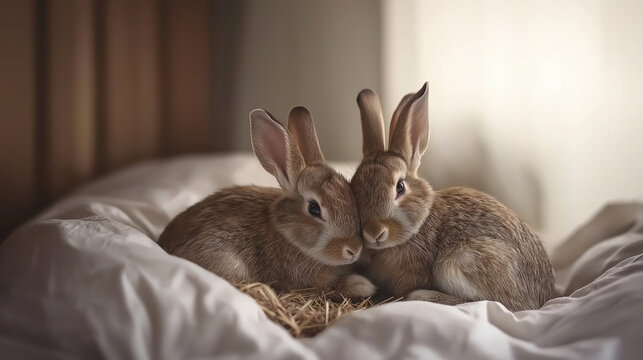 Adorable pair of brown rabbits cuddling on soft bed in cozy sunlit room