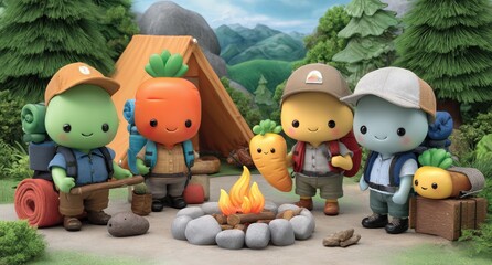 Obraz premium Cartoon characters camping around a campfire