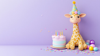 Cute giraffe toy with birthday cake and balloons on purple background