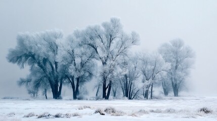 Stunning snowy landscape showcasing a cluster of trees blanketed in soft white snow