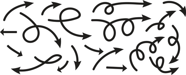 Set of hand drawn curved arrows in doodle sketch style for direction, flow, and highlight design. Creative vector arrow collection perfect for presentation, infographic, and notes. Editable outline 