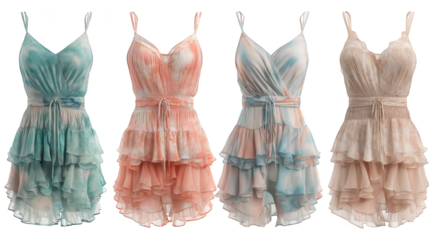 A vibrant collection of women's dresses hanging in a row on a metal clothing rack showcasing a variety of styles fabrics and colorful patterns ready for selection in a fashion boutique or closet.