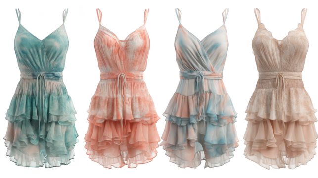 A vibrant collection of women's dresses hanging in a row on a metal clothing rack showcasing a variety of styles fabrics and colorful patterns ready for selection in a fashion boutique or closet.