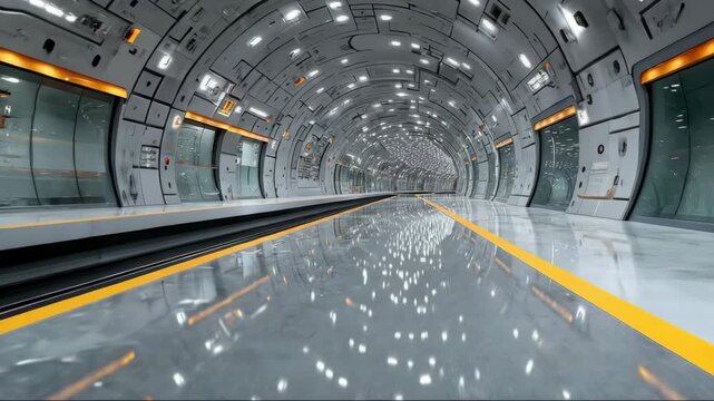 Modern subway station with a futuristic design and reflective floor.