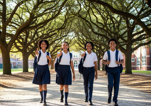 Happy diverse group of African American elementary school students in uniform walking outdoors with thumbs up on a tree-lined path.