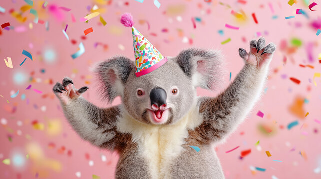 Joyful koala celebrating with colorful confetti and party hat