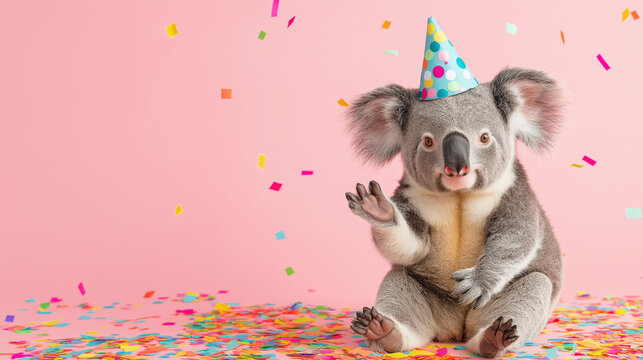 Adorable koala celebrating birthday with party hat and confetti on pink background