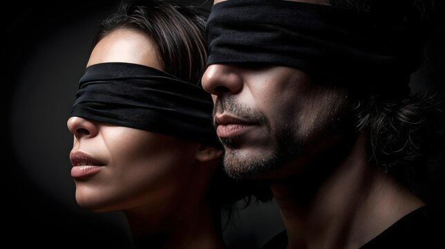 Couple aux yeux bandes dans une atmosph&egrave;re intimiste et myst&eacute;rieuse
