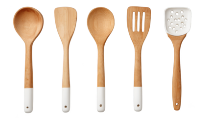 A rustic assortment of handcrafted wooden kitchen utensils featuring a smooth spoon and a flat spatula arranged as a cohesive set for culinary preparation and serving food.