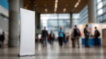 Support publicitaire vierge dans un hall d'exposition moderne
