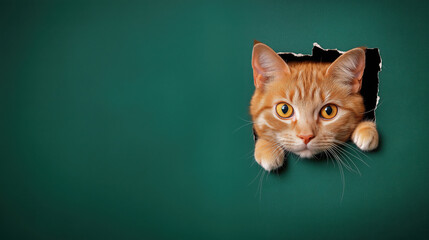 Curious orange cat peeking through torn green paper with wide eyes